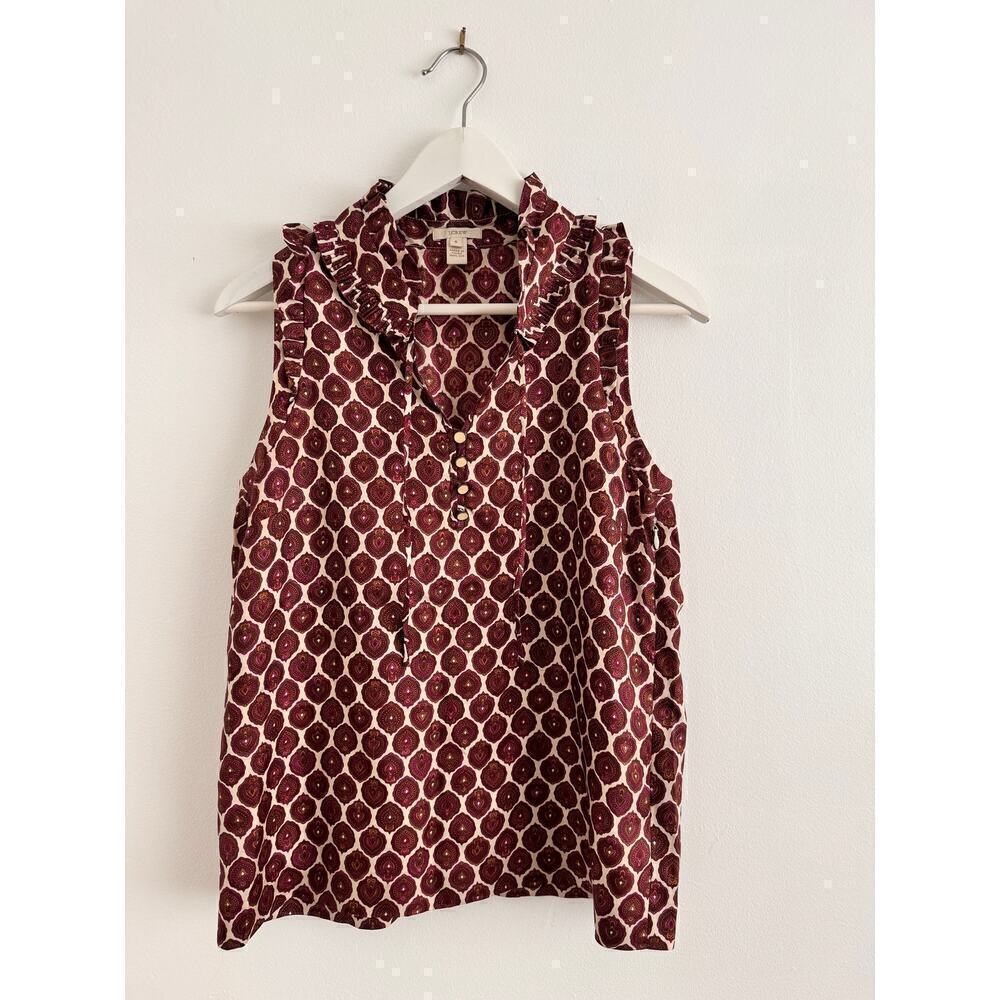 J.Crew 100% Silk Ruffle Sleeve Top - Maroon Brown Print, Day or night, Size 6 💖